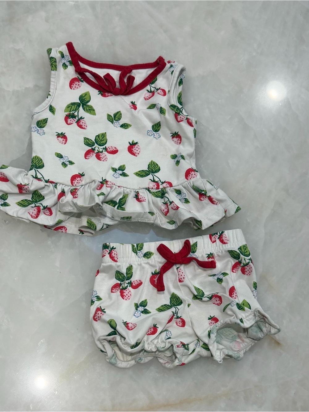 Sweet Honey girl Strawberry Print White Ruffle  Set with Red Trim